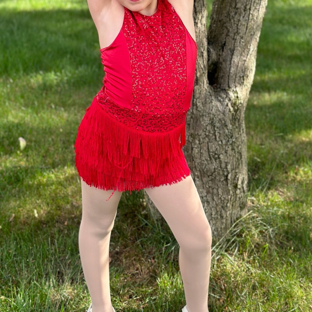 Kids Red Sequin Fringe Dance Costume